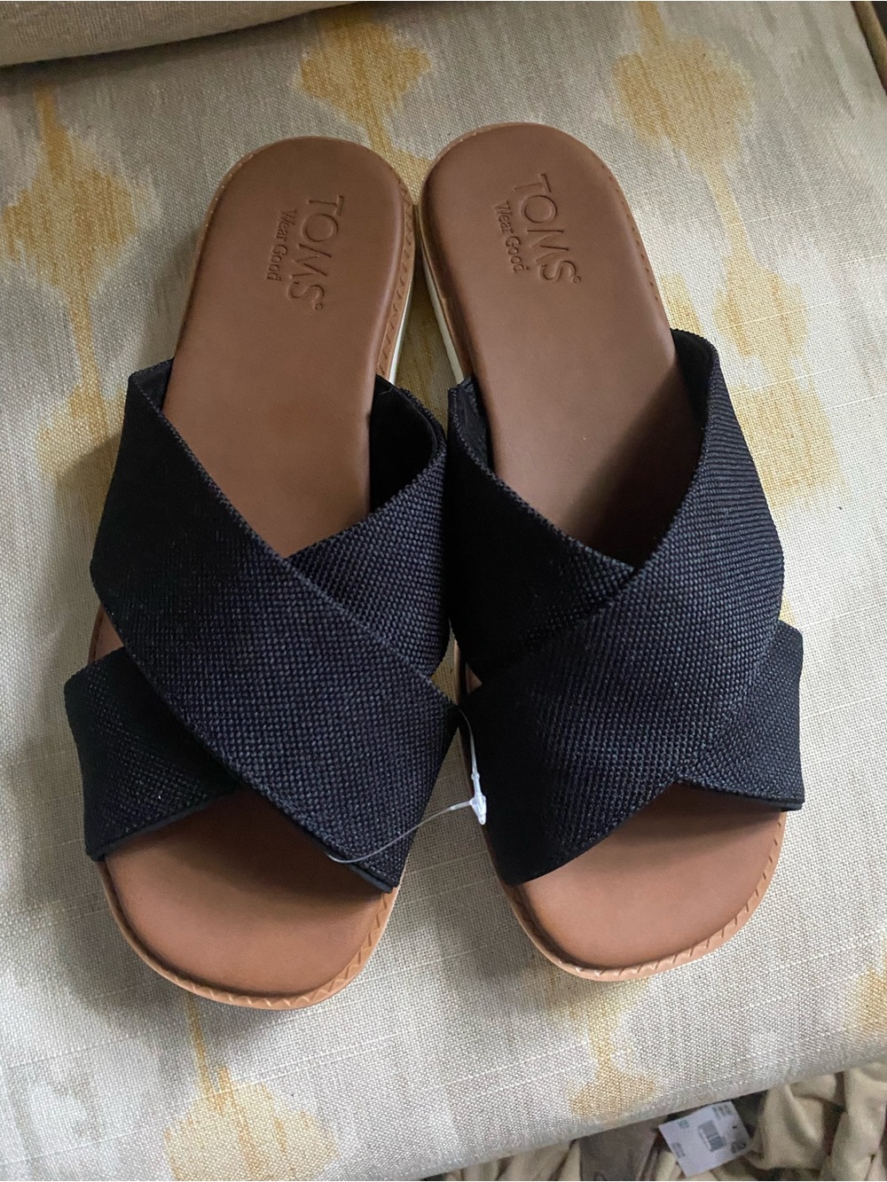 TOMS Black Crisscross Slide Sandals with Brown Footbed